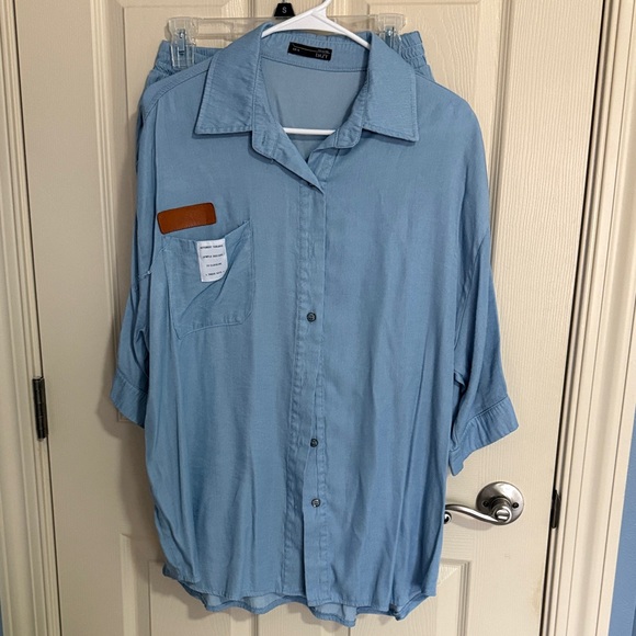 Dazy Tops - Women's Light Blue Button-Down Shirt and Shorts Set